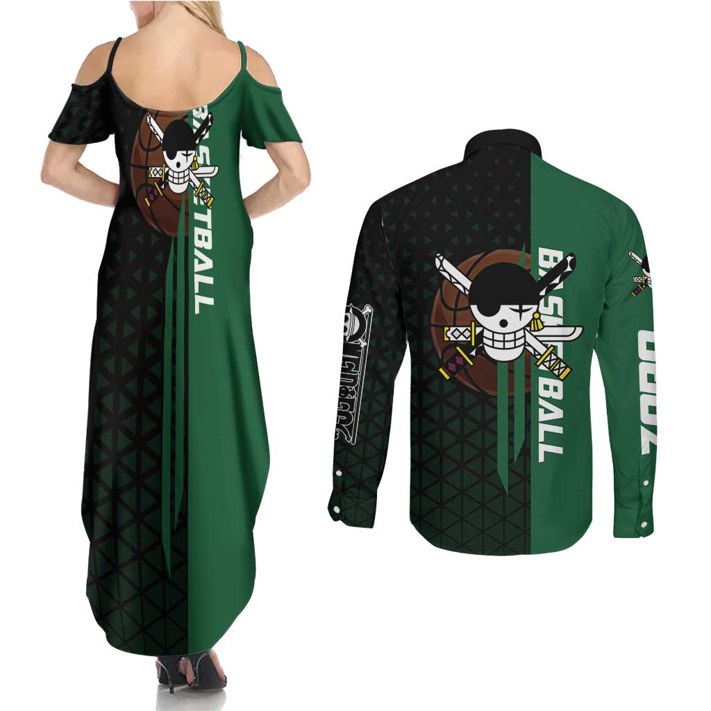 Zoro One Piece Basketball Theme Green and Black Design Couples Matching Summer Maxi Dress and Long Sleeve Button Shirt with Swordsman Logo and Action Dribble Pose - The Mazicc