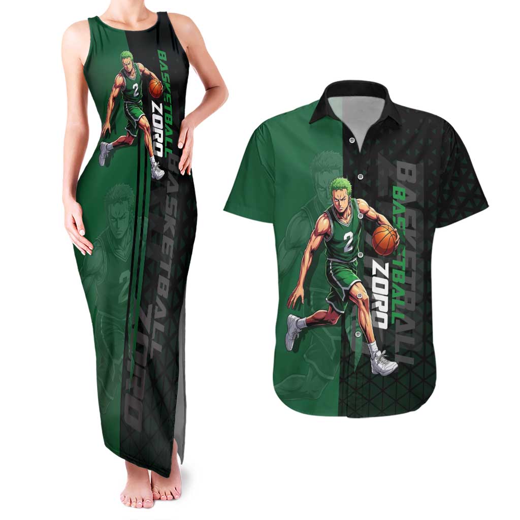 Zoro One Piece Basketball Theme Green and Black Design Couples Matching Tank Maxi Dress and Hawaiian Shirt with Swordsman Logo and Action Dribble Pose - The Mazicc