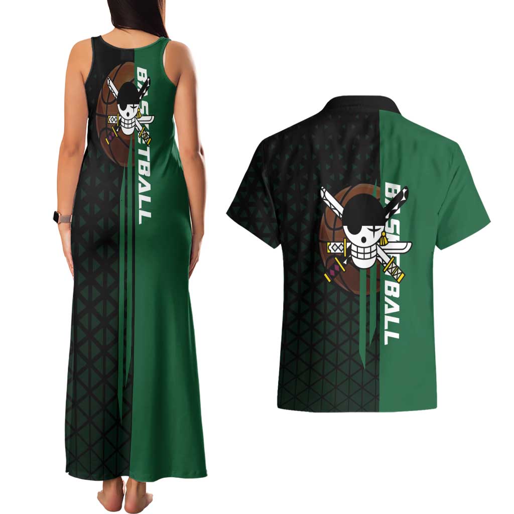 Zoro One Piece Basketball Theme Green and Black Design Couples Matching Tank Maxi Dress and Hawaiian Shirt with Swordsman Logo and Action Dribble Pose - The Mazicc