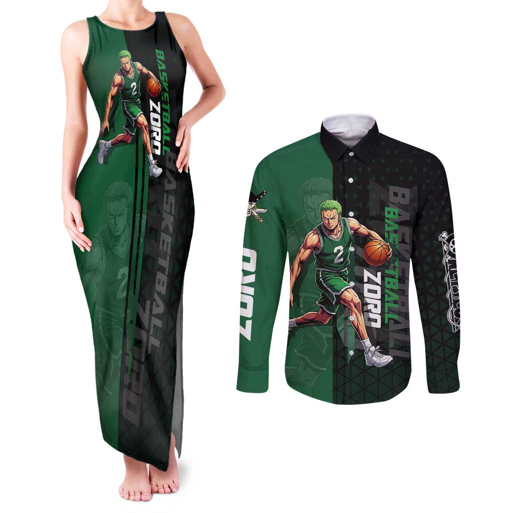 Zoro One Piece Basketball Theme Green and Black Design Couples Matching Tank Maxi Dress and Long Sleeve Button Shirt with Swordsman Logo and Action Dribble Pose - The Mazicc