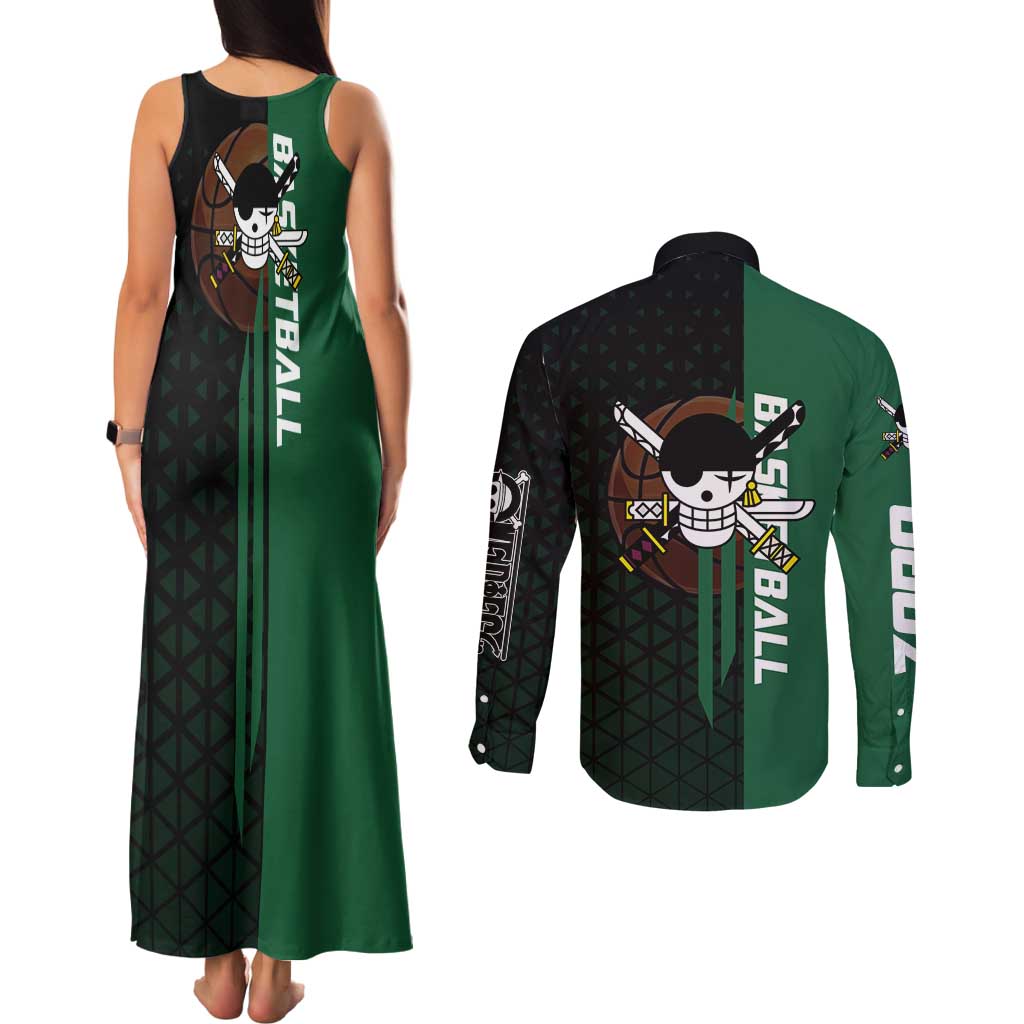 Zoro One Piece Basketball Theme Green and Black Design Couples Matching Tank Maxi Dress and Long Sleeve Button Shirt with Swordsman Logo and Action Dribble Pose - The Mazicc