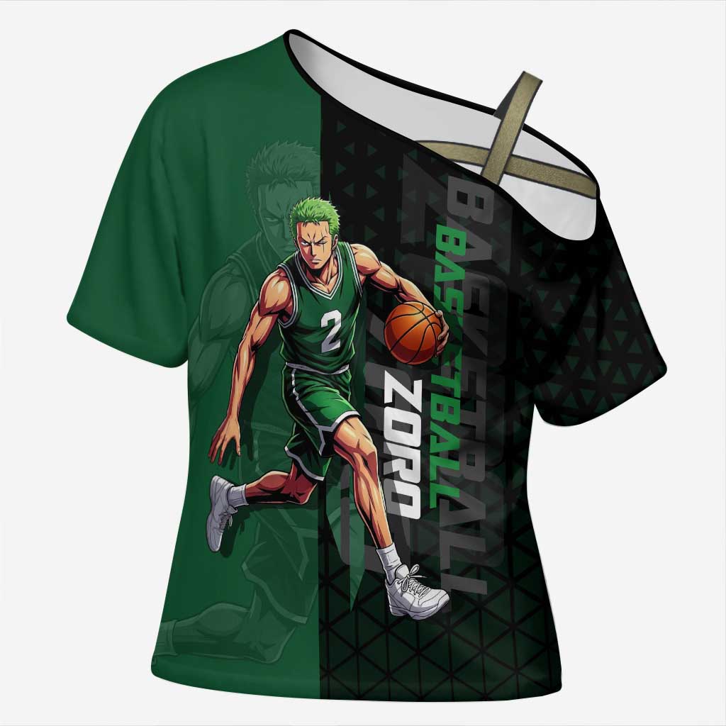 Zoro One Piece Basketball Theme Green and Black Design Cross Shoulder Shirt with Swordsman Logo and Action Dribble Pose - The Mazicc