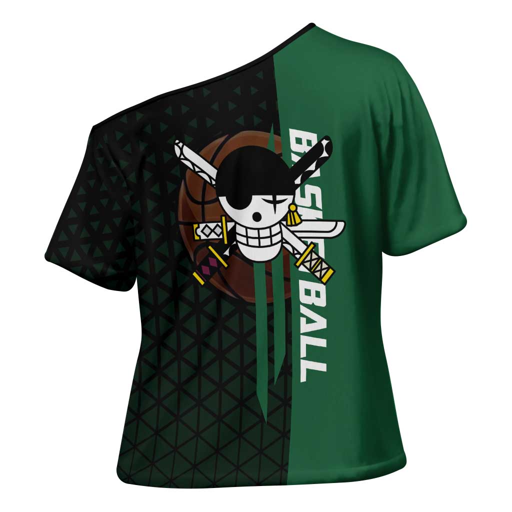 Zoro One Piece Basketball Theme Green and Black Design Cross Shoulder Shirt with Swordsman Logo and Action Dribble Pose - The Mazicc