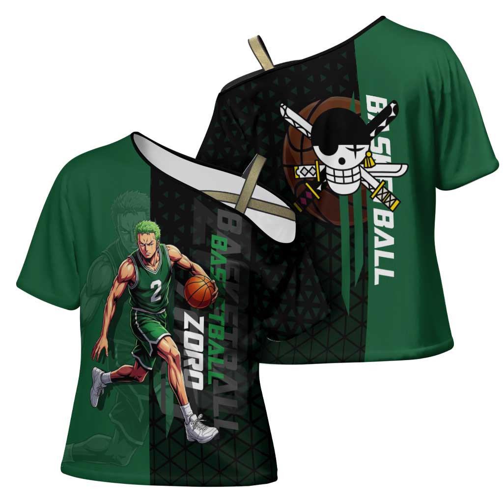 Zoro One Piece Basketball Theme Green and Black Design Cross Shoulder Shirt with Swordsman Logo and Action Dribble Pose - The Mazicc