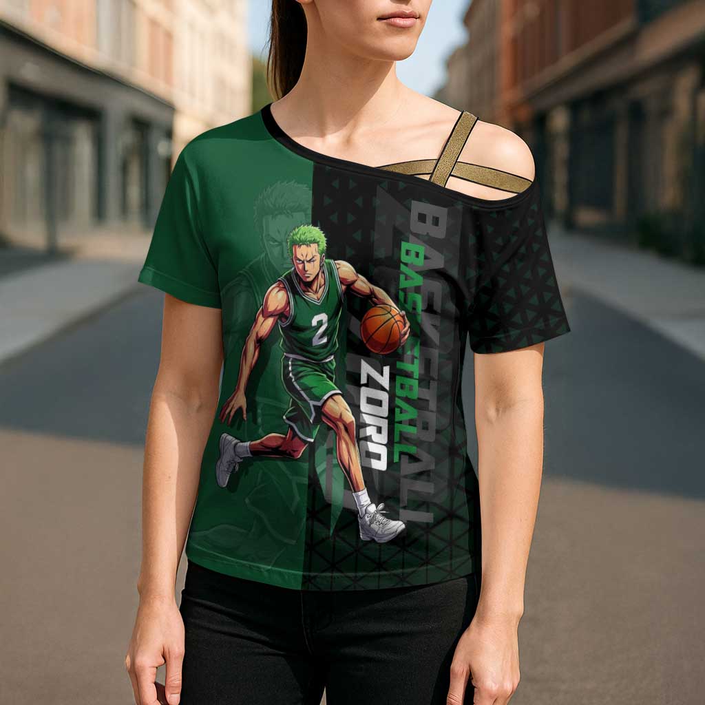 Zoro One Piece Basketball Theme Green and Black Design Cross Shoulder Shirt with Swordsman Logo and Action Dribble Pose - The Mazicc