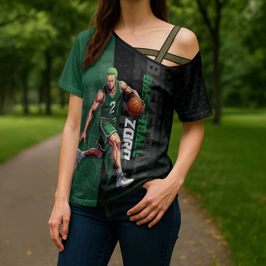 Zoro One Piece Basketball Theme Green and Black Design Cross Shoulder Shirt with Swordsman Logo and Action Dribble Pose - The Mazicc