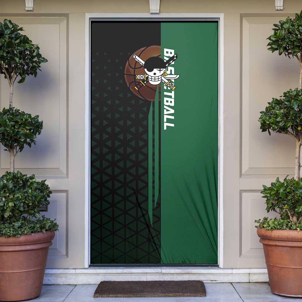 Zoro One Piece Basketball Theme Green and Black Design Door Cover with Swordsman Logo and Action Dribble Pose - The Mazicc