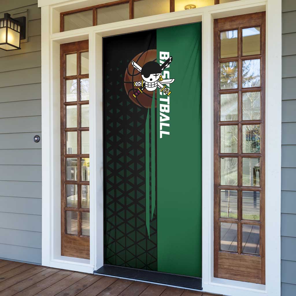 Zoro One Piece Basketball Theme Green and Black Design Door Cover with Swordsman Logo and Action Dribble Pose - The Mazicc