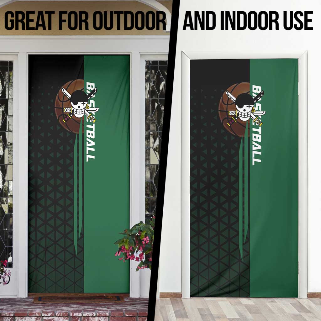 Zoro One Piece Basketball Theme Green and Black Design Door Cover with Swordsman Logo and Action Dribble Pose - The Mazicc