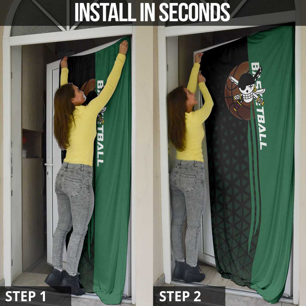 Zoro One Piece Basketball Theme Green and Black Design Door Cover with Swordsman Logo and Action Dribble Pose - The Mazicc