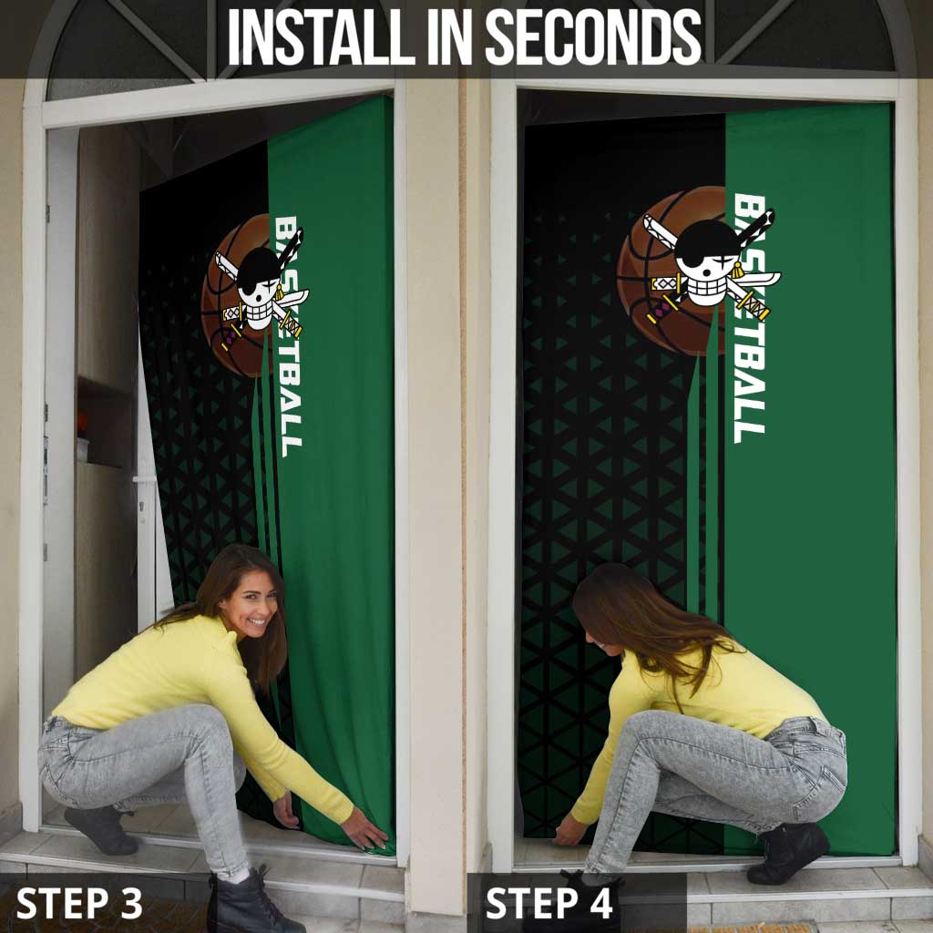 Zoro One Piece Basketball Theme Green and Black Design Door Cover with Swordsman Logo and Action Dribble Pose - The Mazicc