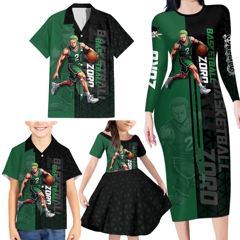 Zoro One Piece Basketball Theme Green and Black Design Family Matching Long Sleeve Bodycon Dress and Hawaiian Shirt with Swordsman Logo and Action Dribble Pose