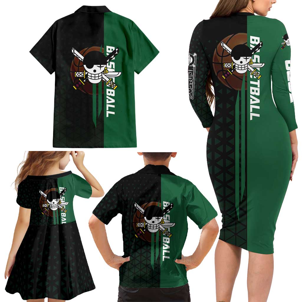 Zoro One Piece Basketball Theme Green and Black Design Family Matching Long Sleeve Bodycon Dress and Hawaiian Shirt with Swordsman Logo and Action Dribble Pose