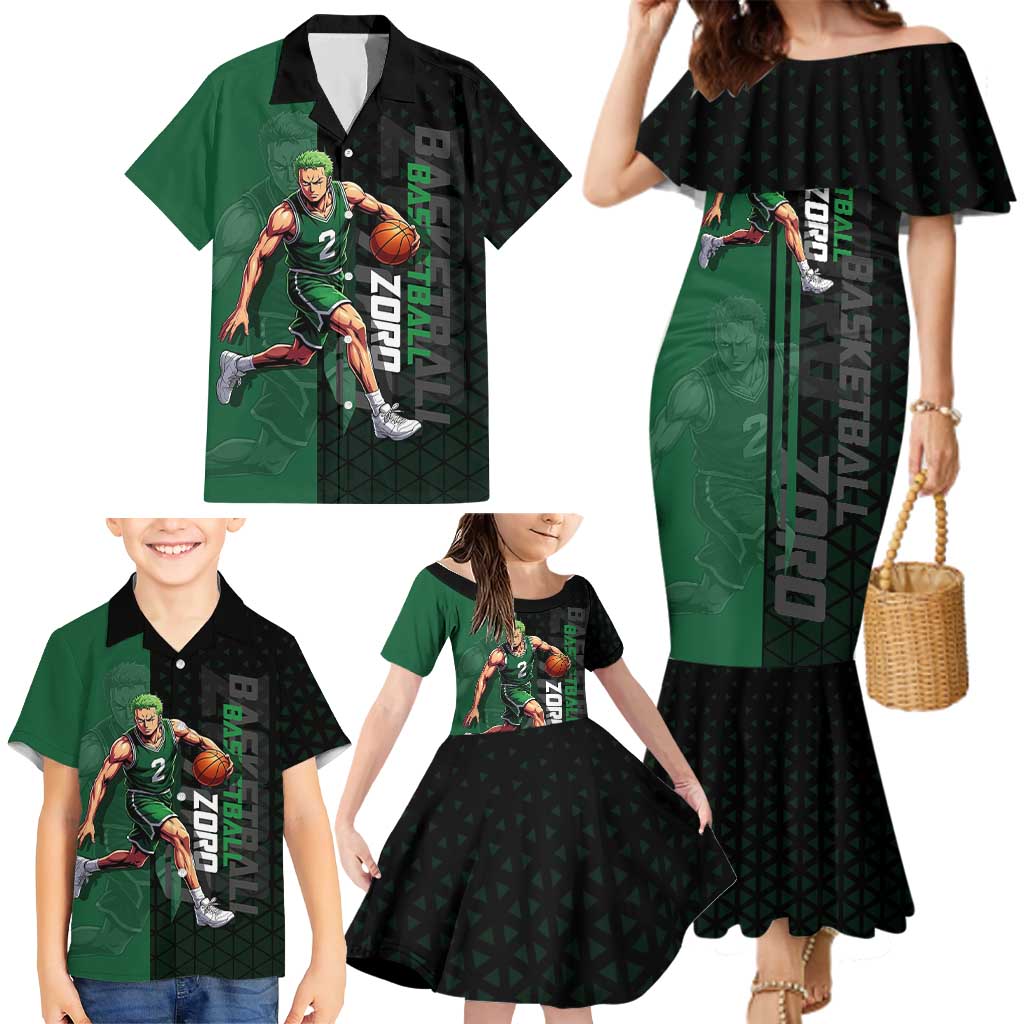 Zoro One Piece Basketball Theme Green and Black Design Family Matching Mermaid Dress and Hawaiian Shirt with Swordsman Logo and Action Dribble Pose
