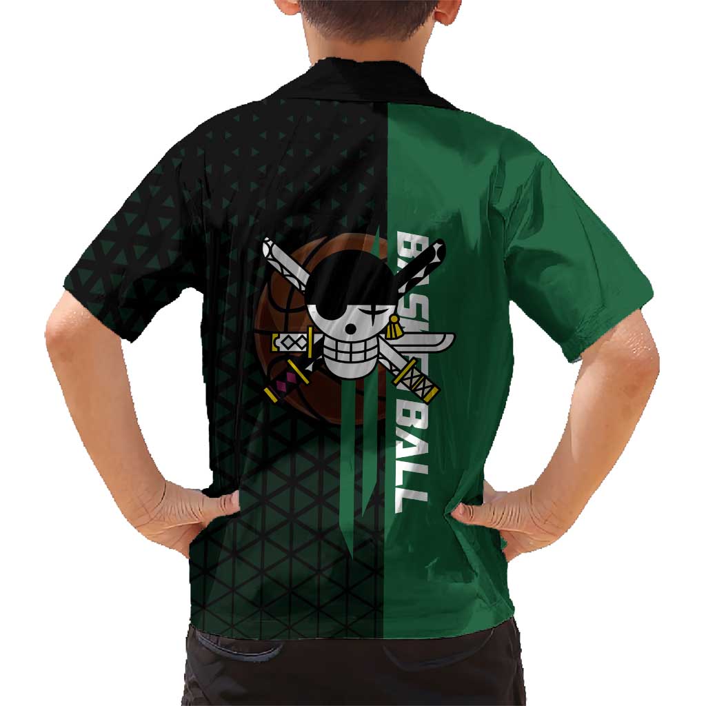 Zoro One Piece Basketball Theme Green and Black Design Family Matching Mermaid Dress and Hawaiian Shirt with Swordsman Logo and Action Dribble Pose