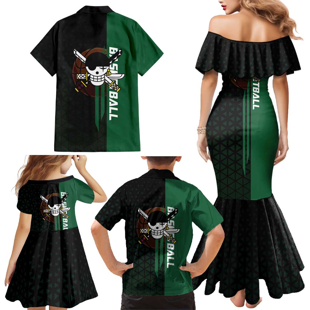 Zoro One Piece Basketball Theme Green and Black Design Family Matching Mermaid Dress and Hawaiian Shirt with Swordsman Logo and Action Dribble Pose