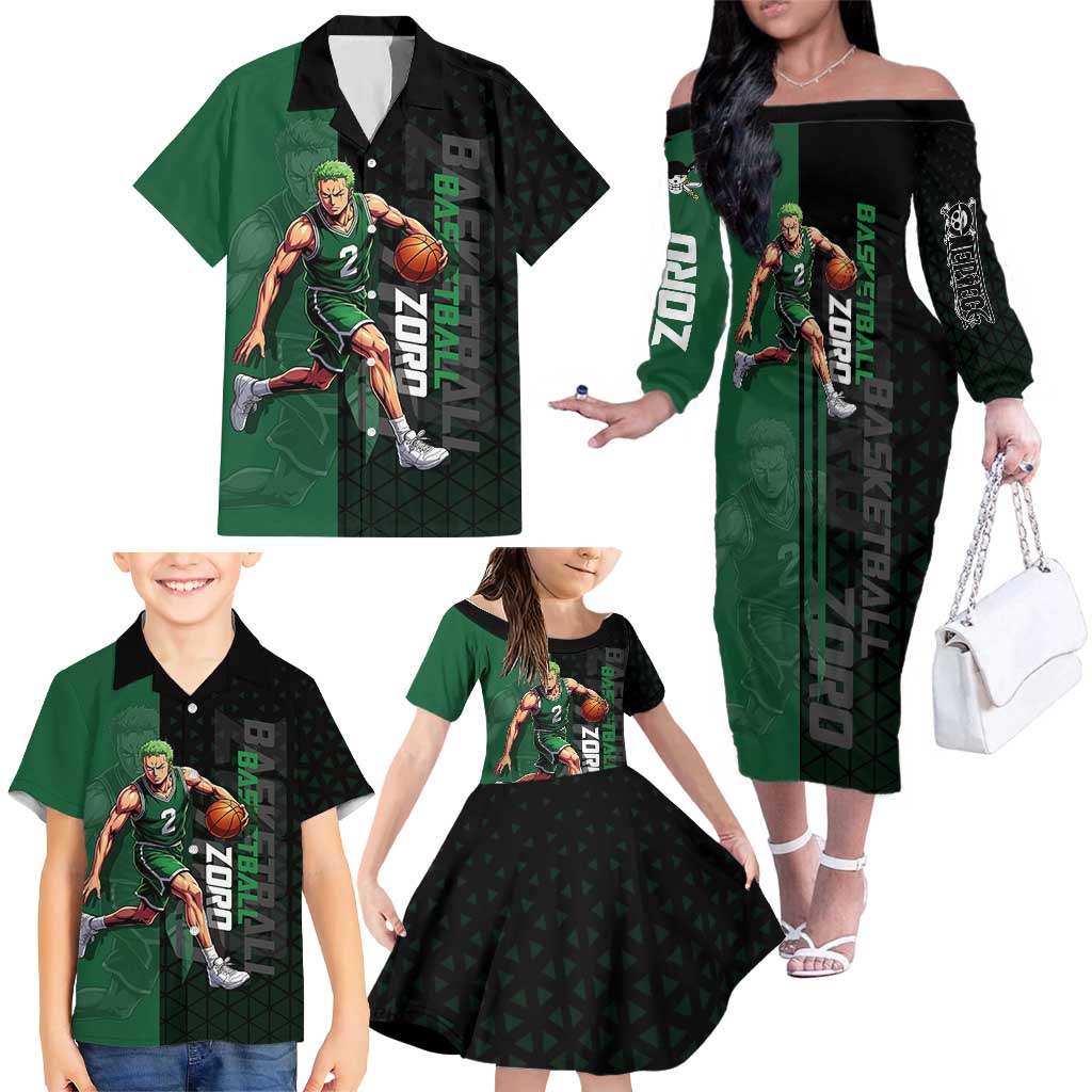 Zoro One Piece Basketball Theme Green and Black Design Family Matching Off The Shoulder Long Sleeve Dress and Hawaiian Shirt with Swordsman Logo and Action Dribble Pose
