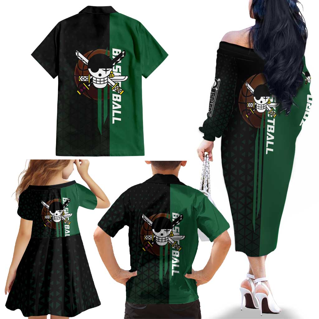 Zoro One Piece Basketball Theme Green and Black Design Family Matching Off The Shoulder Long Sleeve Dress and Hawaiian Shirt with Swordsman Logo and Action Dribble Pose