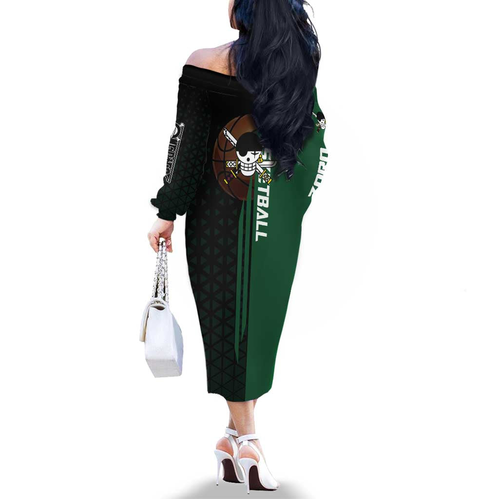 Zoro One Piece Basketball Theme Green and Black Design Family Matching Off The Shoulder Long Sleeve Dress and Hawaiian Shirt with Swordsman Logo and Action Dribble Pose