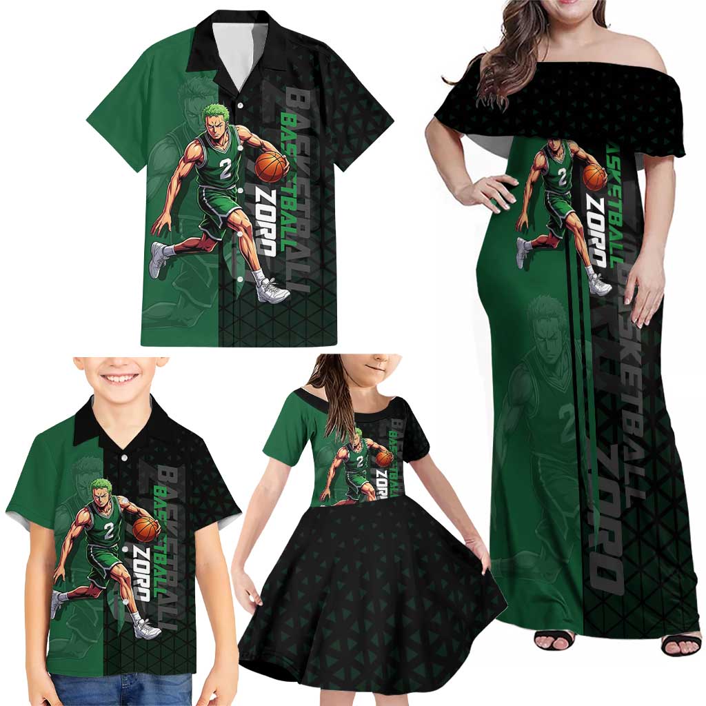 Zoro One Piece Basketball Theme Green and Black Design Family Matching Off Shoulder Maxi Dress and Hawaiian Shirt with Swordsman Logo and Action Dribble Pose