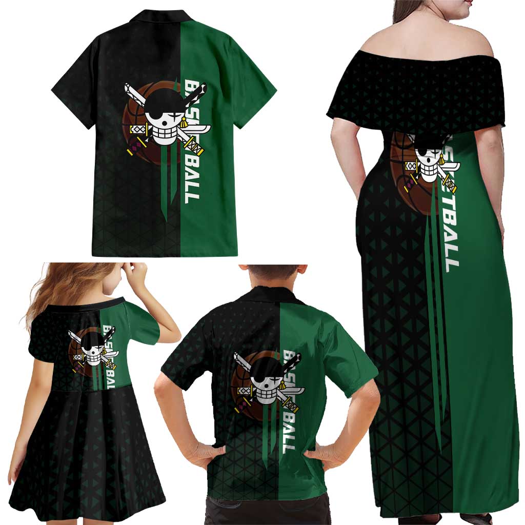 Zoro One Piece Basketball Theme Green and Black Design Family Matching Off Shoulder Maxi Dress and Hawaiian Shirt with Swordsman Logo and Action Dribble Pose