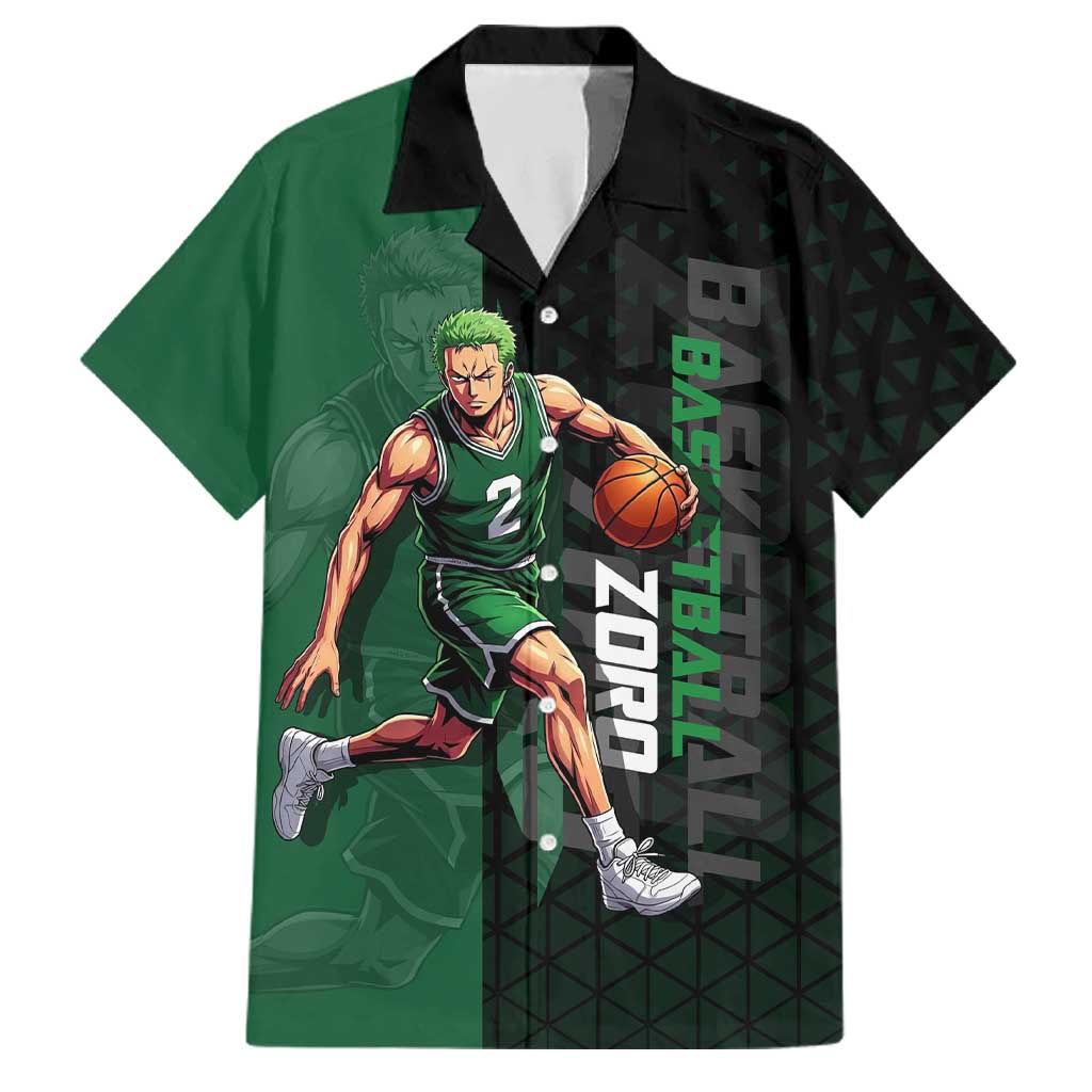 Zoro One Piece Basketball Theme Green and Black Design Family Matching Off Shoulder Maxi Dress and Hawaiian Shirt with Swordsman Logo and Action Dribble Pose