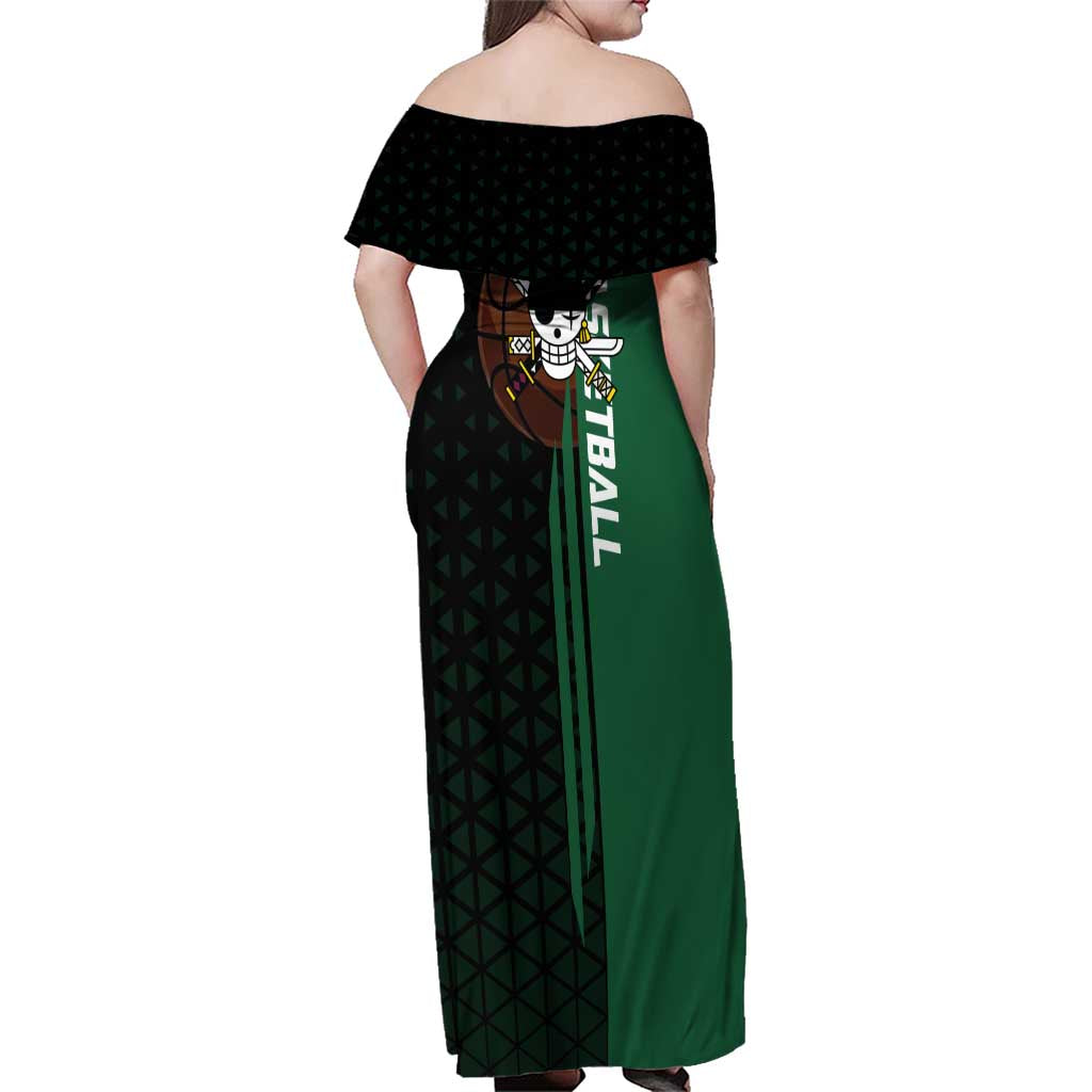Zoro One Piece Basketball Theme Green and Black Design Family Matching Off Shoulder Maxi Dress and Hawaiian Shirt with Swordsman Logo and Action Dribble Pose