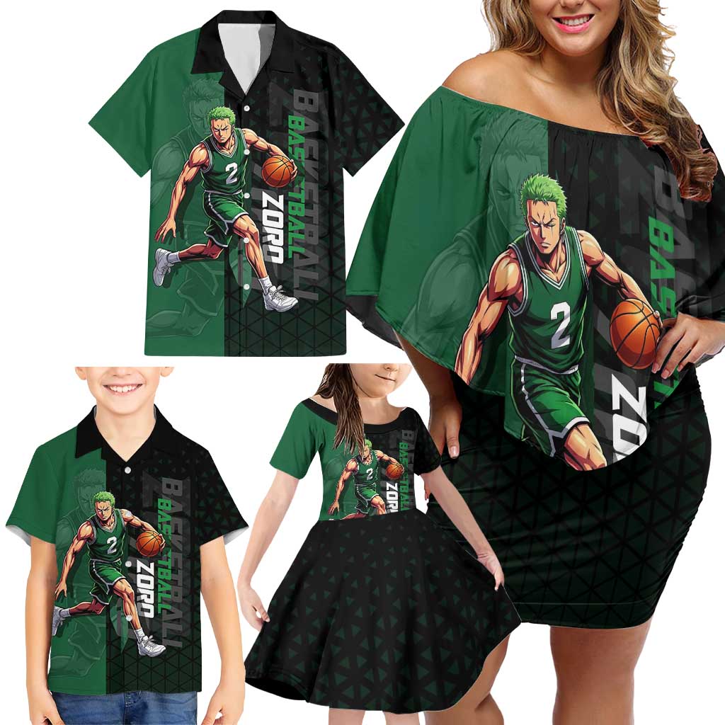 Zoro One Piece Basketball Theme Green and Black Design Family Matching Off Shoulder Short Dress and Hawaiian Shirt with Swordsman Logo and Action Dribble Pose