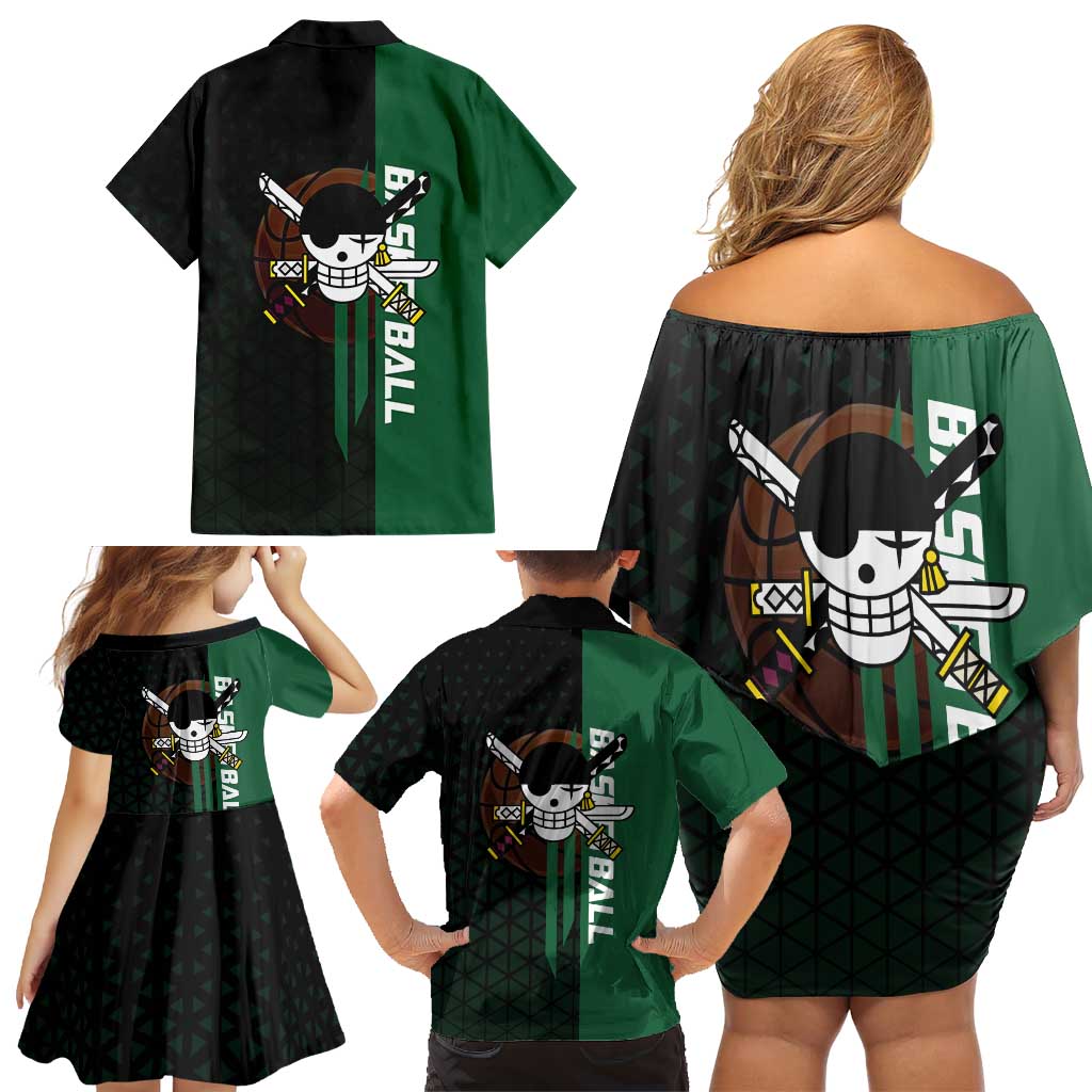 Zoro One Piece Basketball Theme Green and Black Design Family Matching Off Shoulder Short Dress and Hawaiian Shirt with Swordsman Logo and Action Dribble Pose