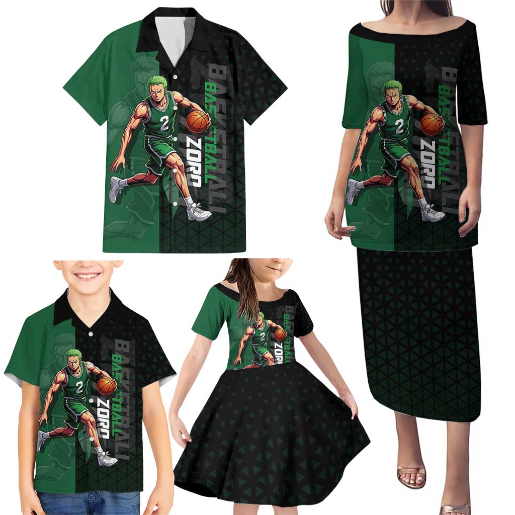Zoro One Piece Basketball Theme Green and Black Design Family Matching Puletasi and Hawaiian Shirt with Swordsman Logo and Action Dribble Pose