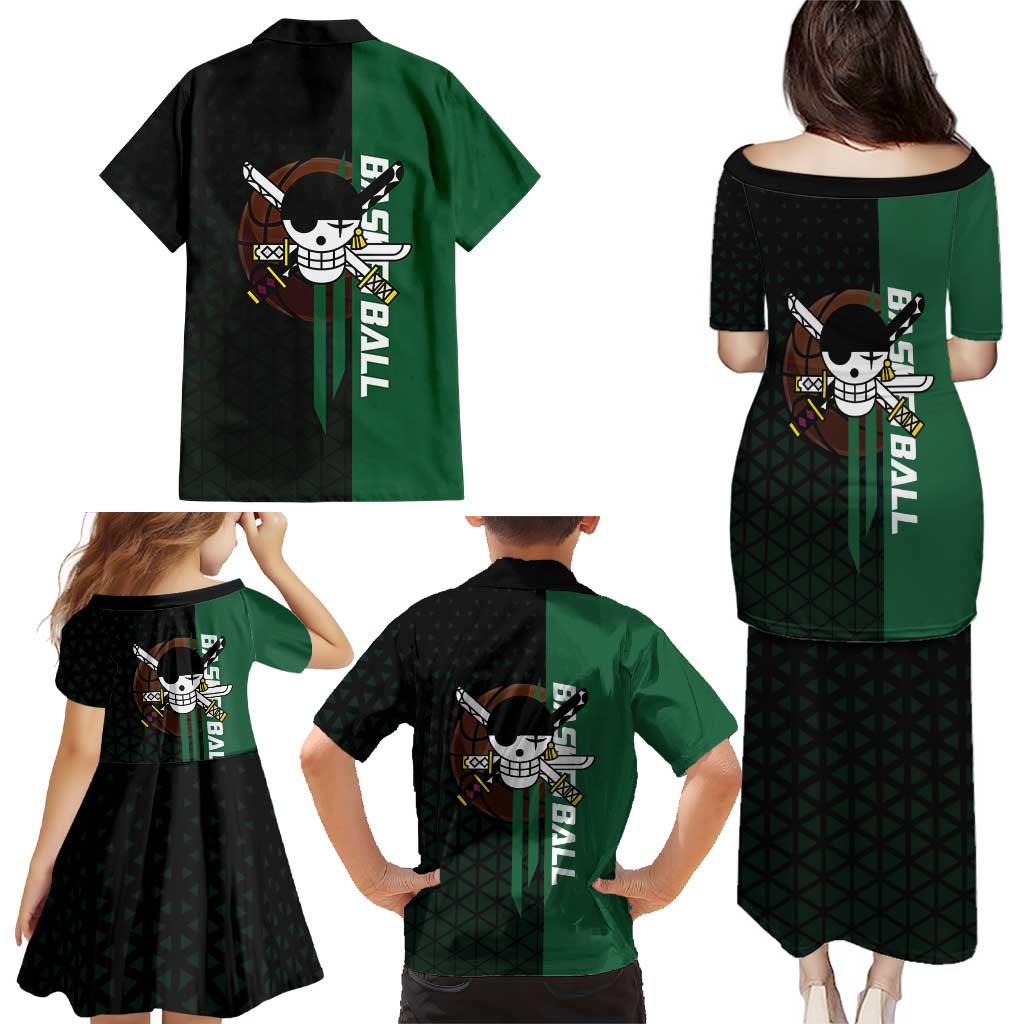 Zoro One Piece Basketball Theme Green and Black Design Family Matching Puletasi and Hawaiian Shirt with Swordsman Logo and Action Dribble Pose