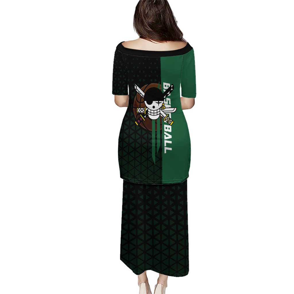 Zoro One Piece Basketball Theme Green and Black Design Family Matching Puletasi and Hawaiian Shirt with Swordsman Logo and Action Dribble Pose