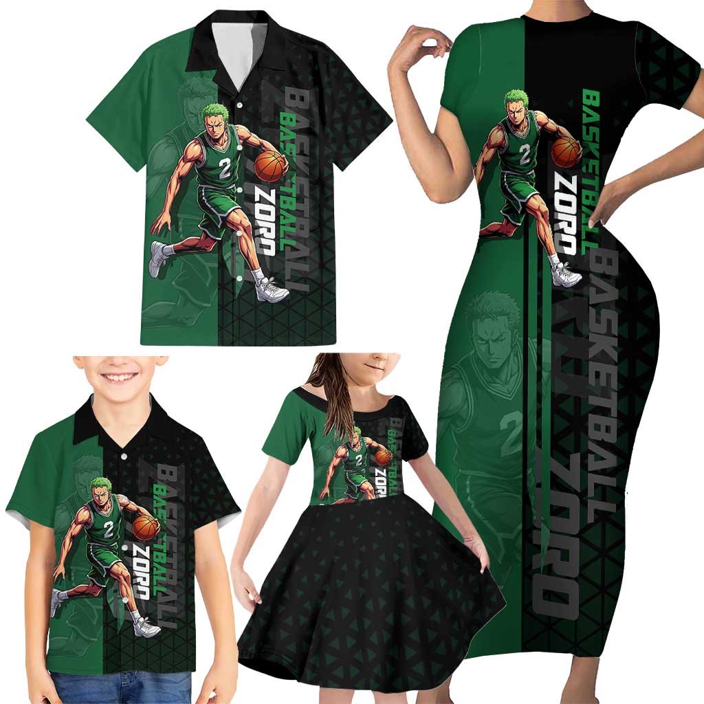 Zoro One Piece Basketball Theme Green and Black Design Family Matching Short Sleeve Bodycon Dress and Hawaiian Shirt with Swordsman Logo and Action Dribble Pose