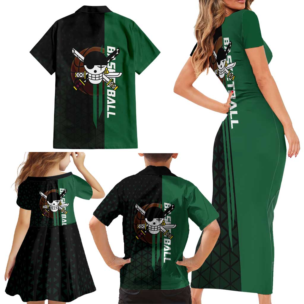 Zoro One Piece Basketball Theme Green and Black Design Family Matching Short Sleeve Bodycon Dress and Hawaiian Shirt with Swordsman Logo and Action Dribble Pose