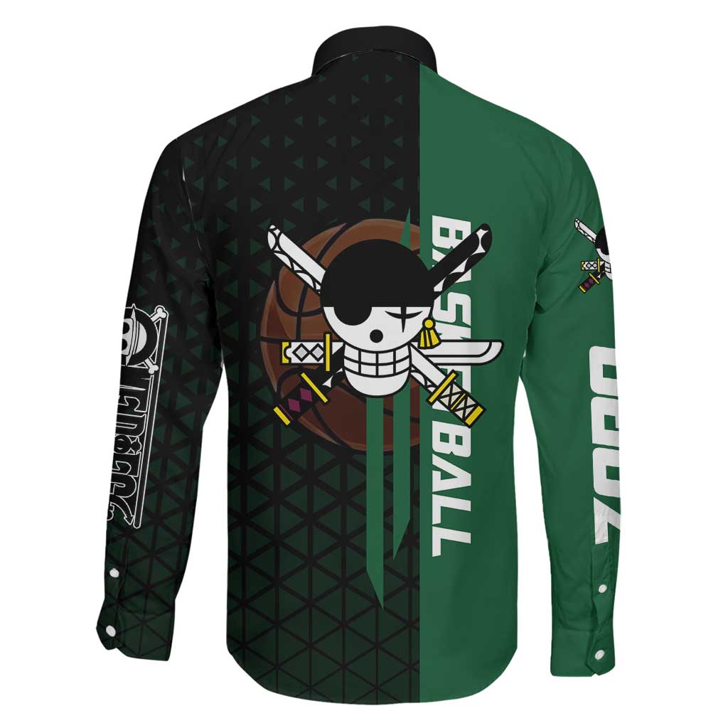 Zoro One Piece Basketball Theme Green and Black Design Family Matching Short Sleeve Bodycon Dress and Hawaiian Shirt with Swordsman Logo and Action Dribble Pose