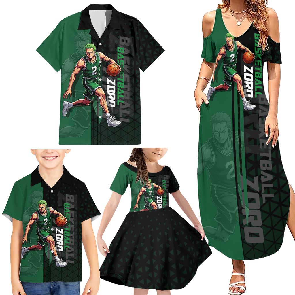 Zoro One Piece Basketball Theme Green and Black Design Family Matching Summer Maxi Dress and Hawaiian Shirt with Swordsman Logo and Action Dribble Pose