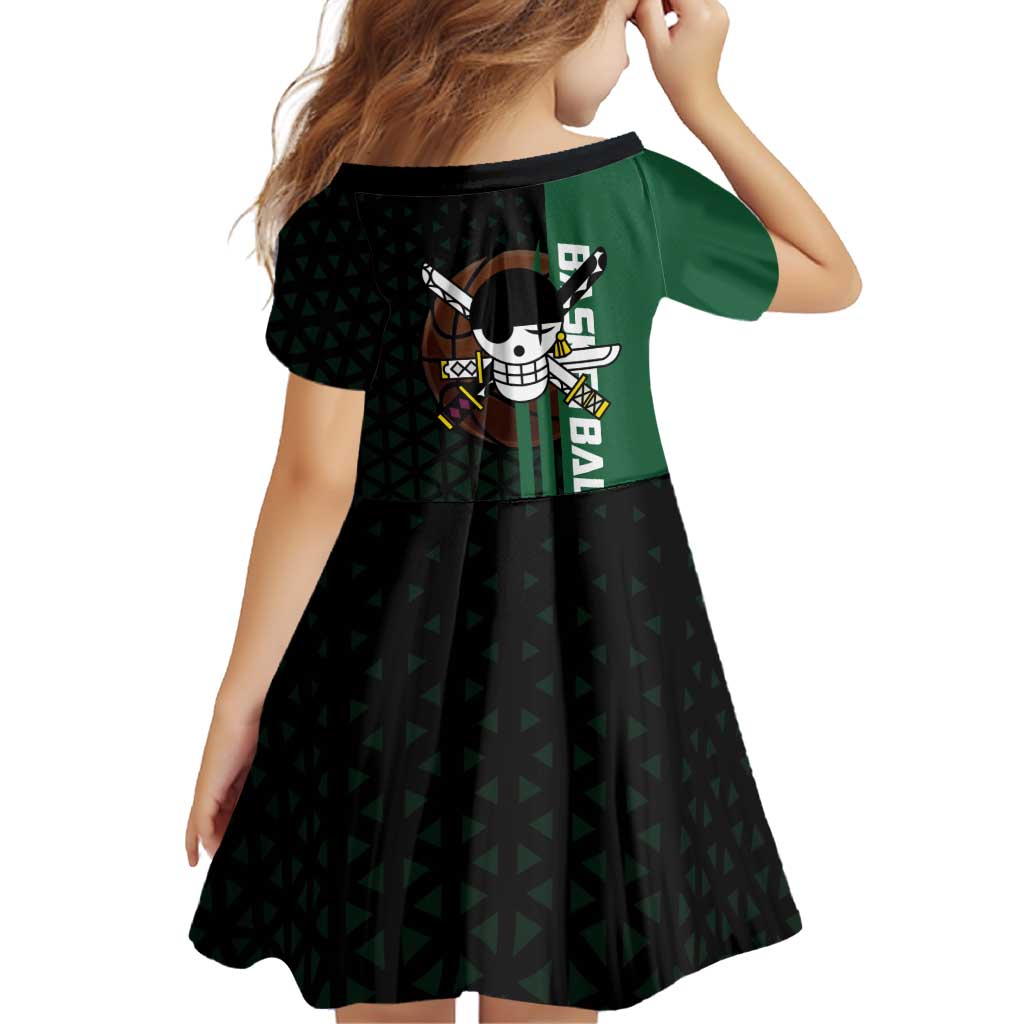 Zoro One Piece Basketball Theme Green and Black Design Family Matching Summer Maxi Dress and Hawaiian Shirt with Swordsman Logo and Action Dribble Pose
