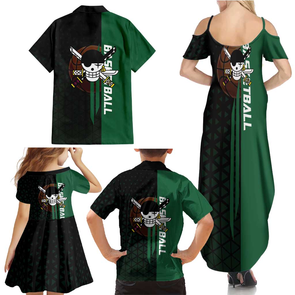 Zoro One Piece Basketball Theme Green and Black Design Family Matching Summer Maxi Dress and Hawaiian Shirt with Swordsman Logo and Action Dribble Pose