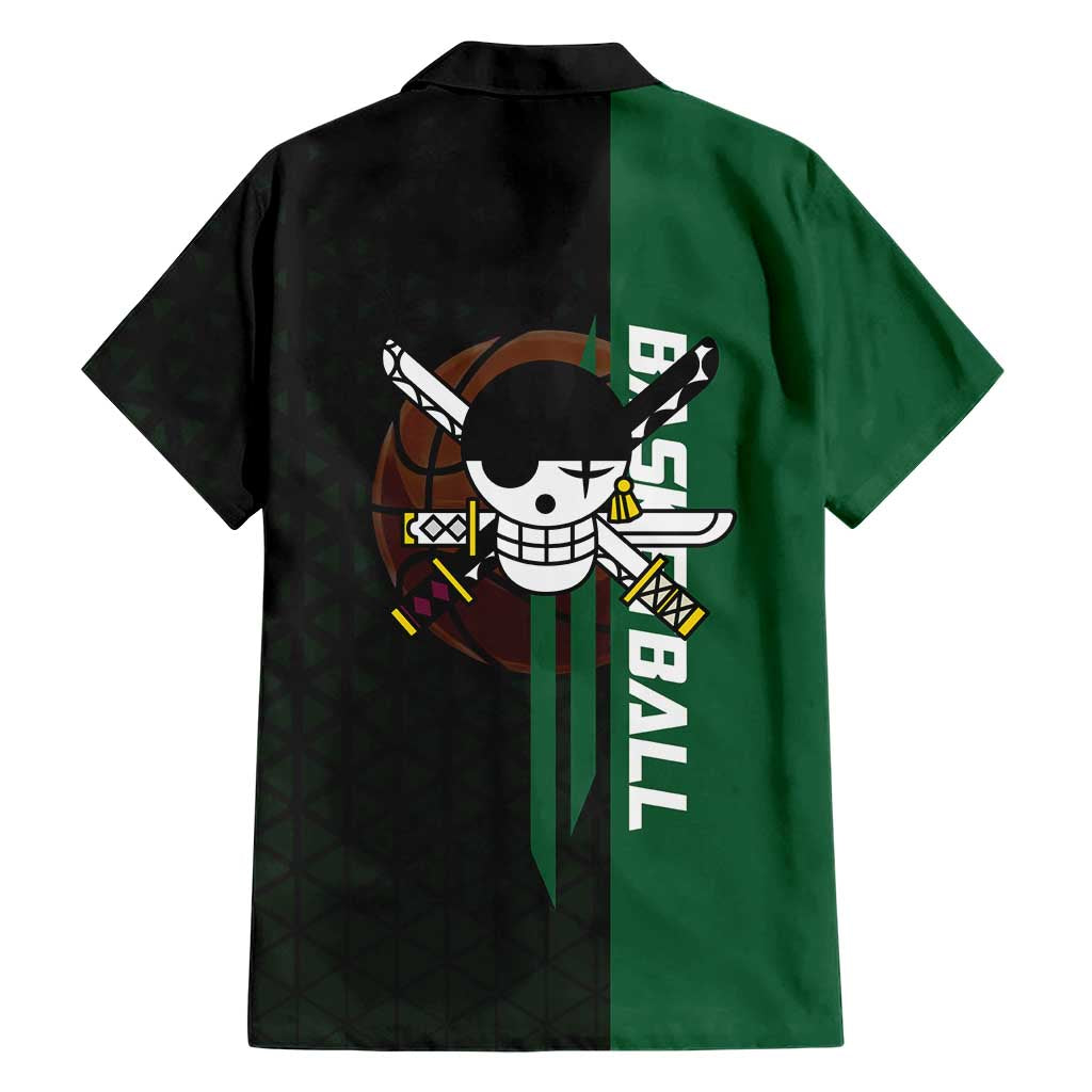 Zoro One Piece Basketball Theme Green and Black Design Family Matching Summer Maxi Dress and Hawaiian Shirt with Swordsman Logo and Action Dribble Pose