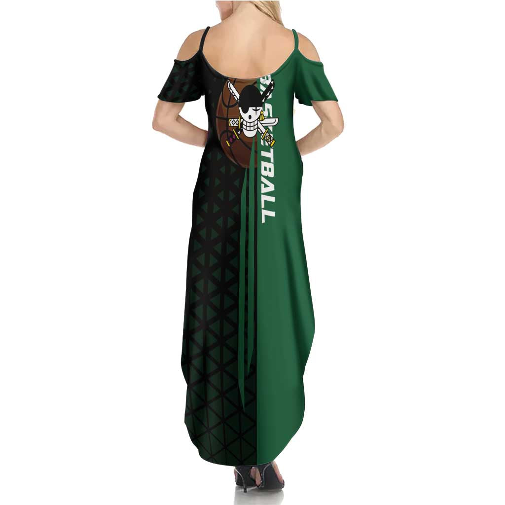 Zoro One Piece Basketball Theme Green and Black Design Family Matching Summer Maxi Dress and Hawaiian Shirt with Swordsman Logo and Action Dribble Pose