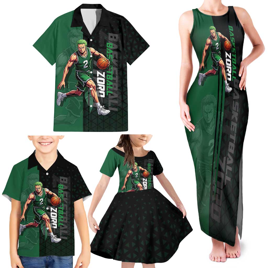 Zoro One Piece Basketball Theme Green and Black Design Family Matching Tank Maxi Dress and Hawaiian Shirt with Swordsman Logo and Action Dribble Pose
