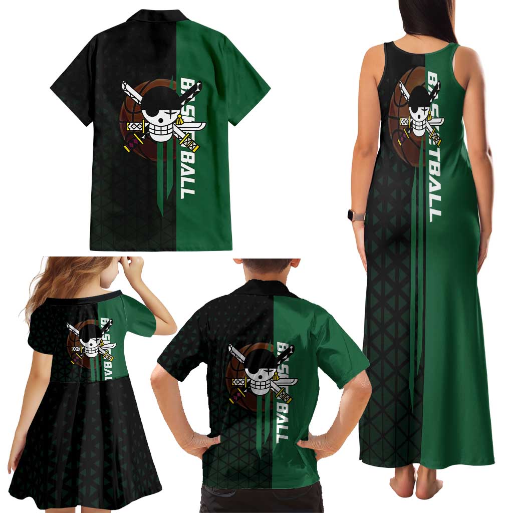 Zoro One Piece Basketball Theme Green and Black Design Family Matching Tank Maxi Dress and Hawaiian Shirt with Swordsman Logo and Action Dribble Pose