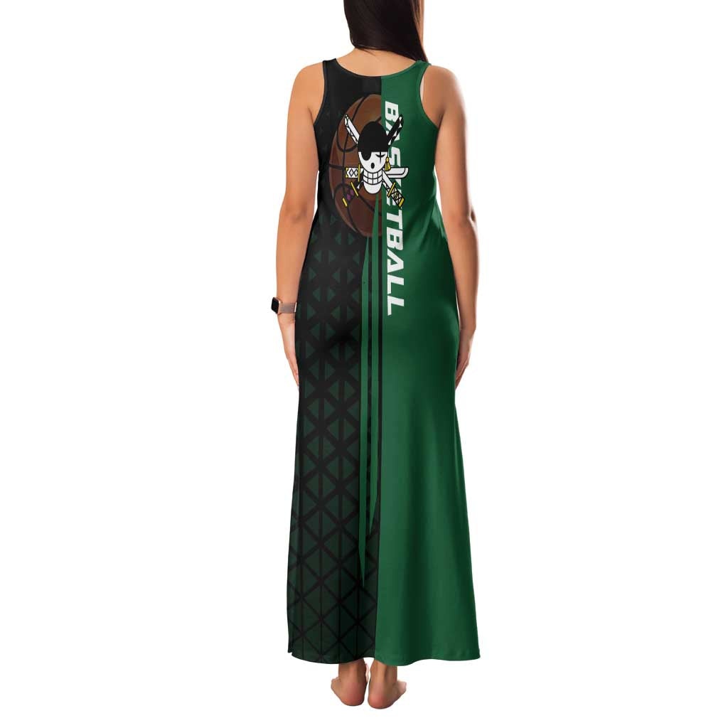 Zoro One Piece Basketball Theme Green and Black Design Family Matching Tank Maxi Dress and Hawaiian Shirt with Swordsman Logo and Action Dribble Pose