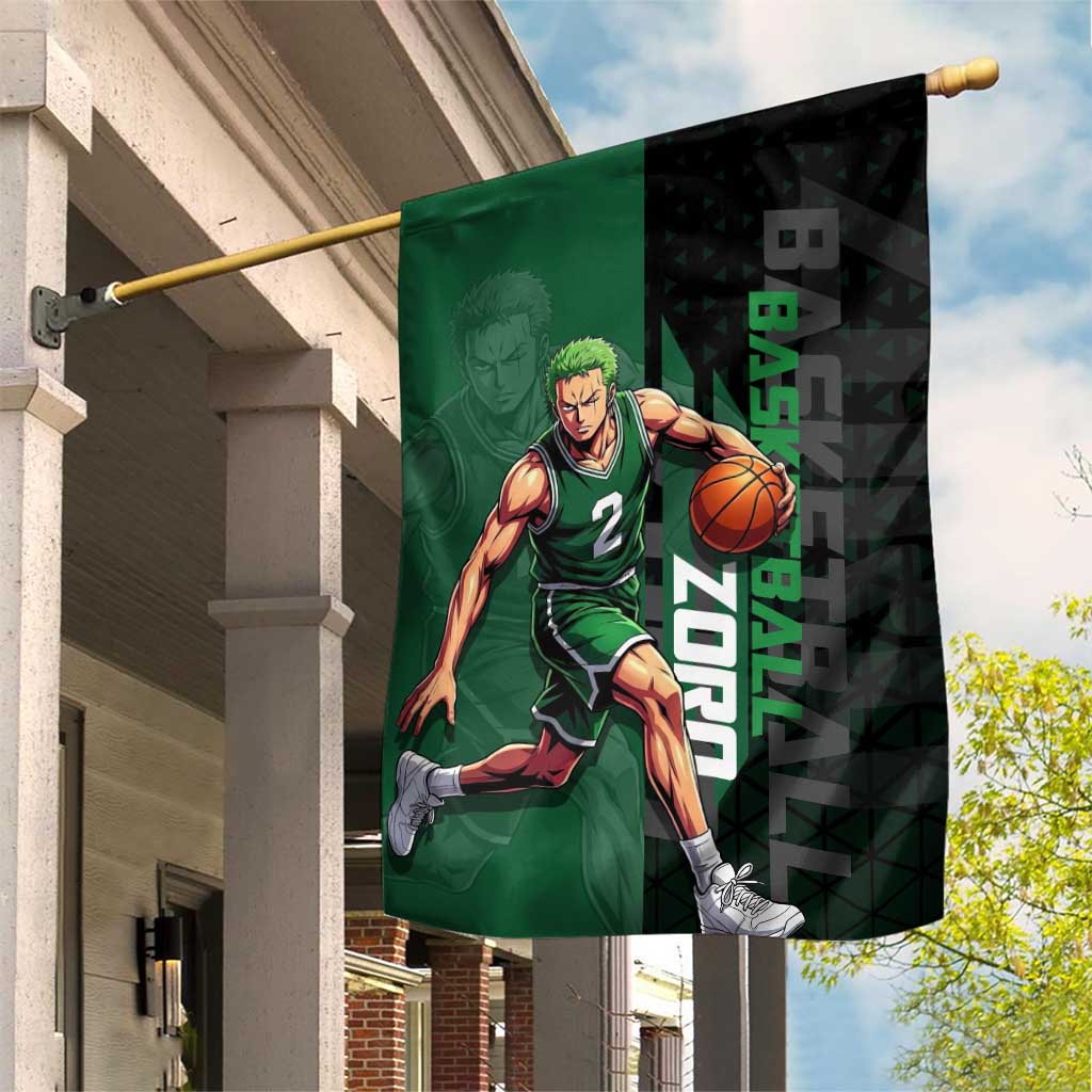 Zoro One Piece Basketball Theme Green and Black Design Garden Flag with Swordsman Logo and Action Dribble Pose - The Mazicc
