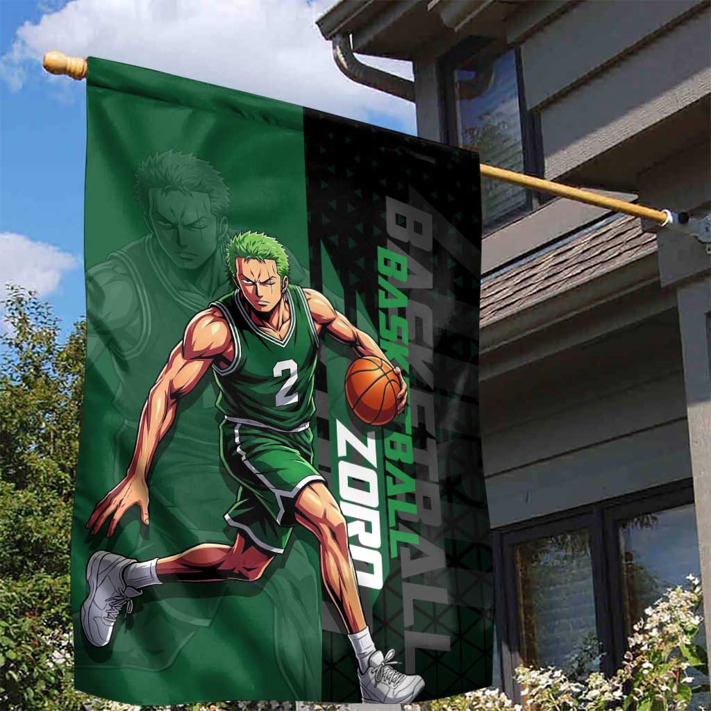 Zoro One Piece Basketball Theme Green and Black Design Garden Flag with Swordsman Logo and Action Dribble Pose - The Mazicc