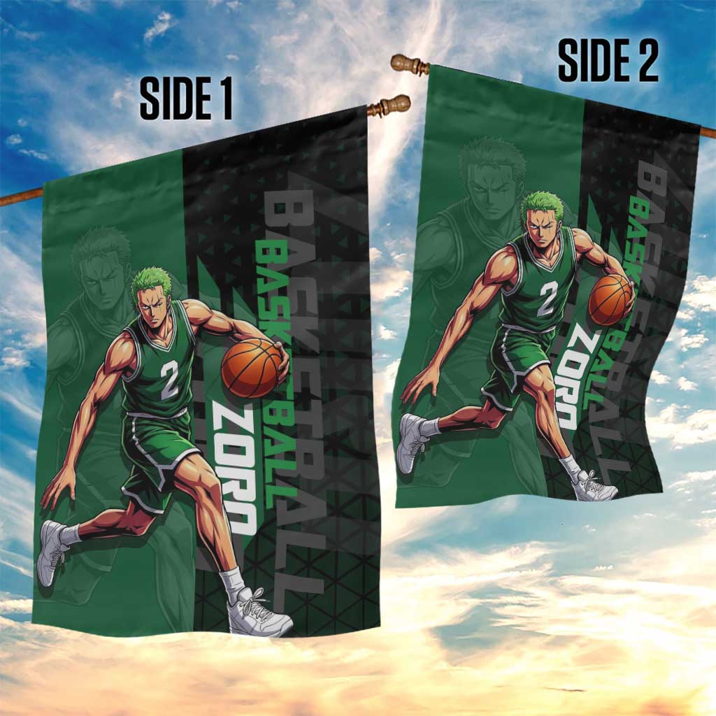 Zoro One Piece Basketball Theme Green and Black Design Garden Flag with Swordsman Logo and Action Dribble Pose - The Mazicc