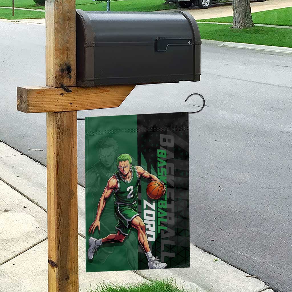 Zoro One Piece Basketball Theme Green and Black Design Garden Flag with Swordsman Logo and Action Dribble Pose - The Mazicc