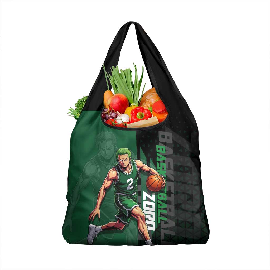 Zoro One Piece Basketball Theme Green and Black Design Grocery Bag with Swordsman Logo and Action Dribble Pose - The Mazicc