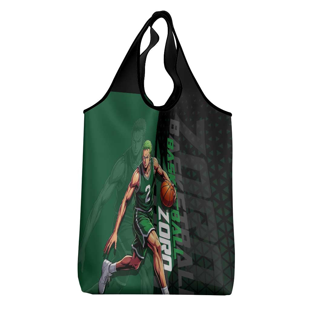 Zoro One Piece Basketball Theme Green and Black Design Grocery Bag with Swordsman Logo and Action Dribble Pose - The Mazicc