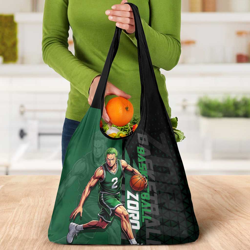Zoro One Piece Basketball Theme Green and Black Design Grocery Bag with Swordsman Logo and Action Dribble Pose - The Mazicc
